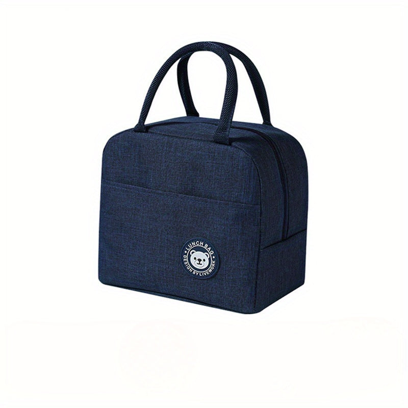 Adorable Bear Lunch Tote - Made of Waterproof & Sturdy Oxford Fabric in Blue, Features Zipper Closure, Front Pocket, and Convenient Handle for Easy Carrying. Perfect for School or Office Use, with Charming Bear Design.