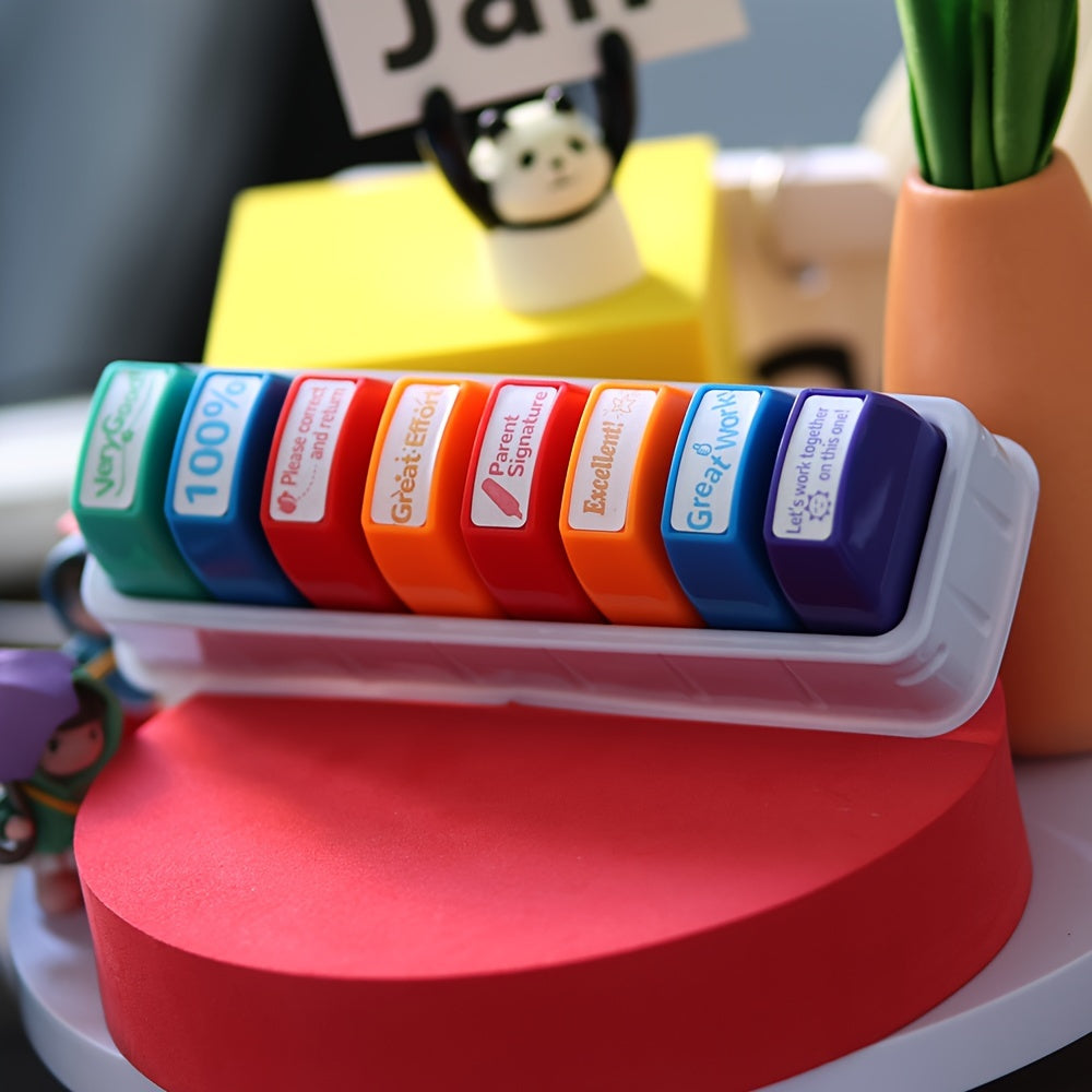 Classroom stamp set with storage tray, includes 8 stamps for grading and parent signatures.