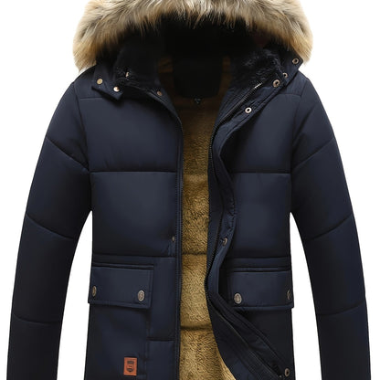 Men's Navy Blue Winter Jacket with Faux Fur Trim, Plush Lining, Zip/Snap Closure, Multi-Pocket Design. Durable, Warm Outdoor Gear.