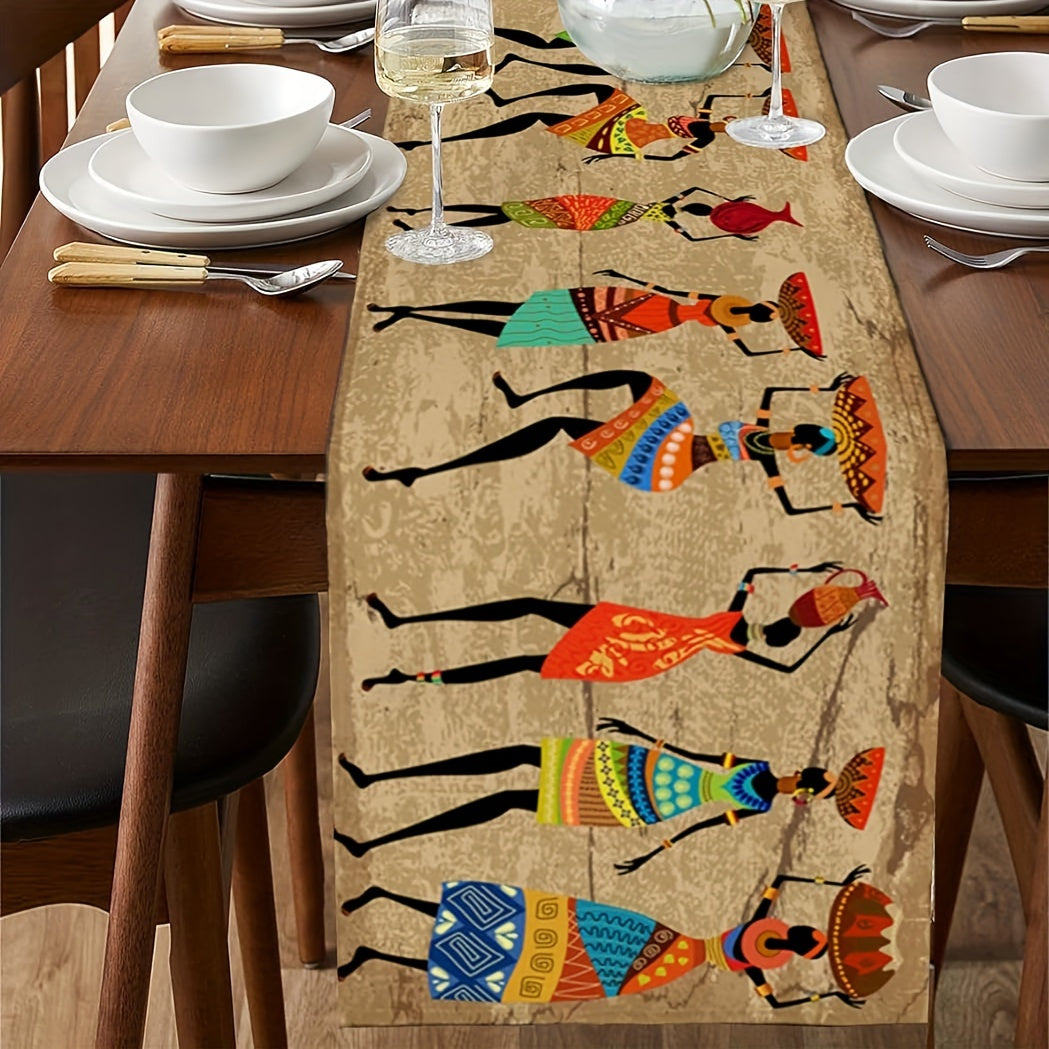 Polyester table runner with African linen design, perfect for dining, coffee tables, and dressers. Ideal for kitchen use and special occasions, showcasing ancient Egyptian women in traditional costumes.