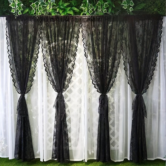 Vintage Floral Black Lace Sheer Curtain Panel, Ideal for adding a touch of elegance to your Study, Living Room, or Kitchen décor. Features a Rod Pocket design for easy hanging.