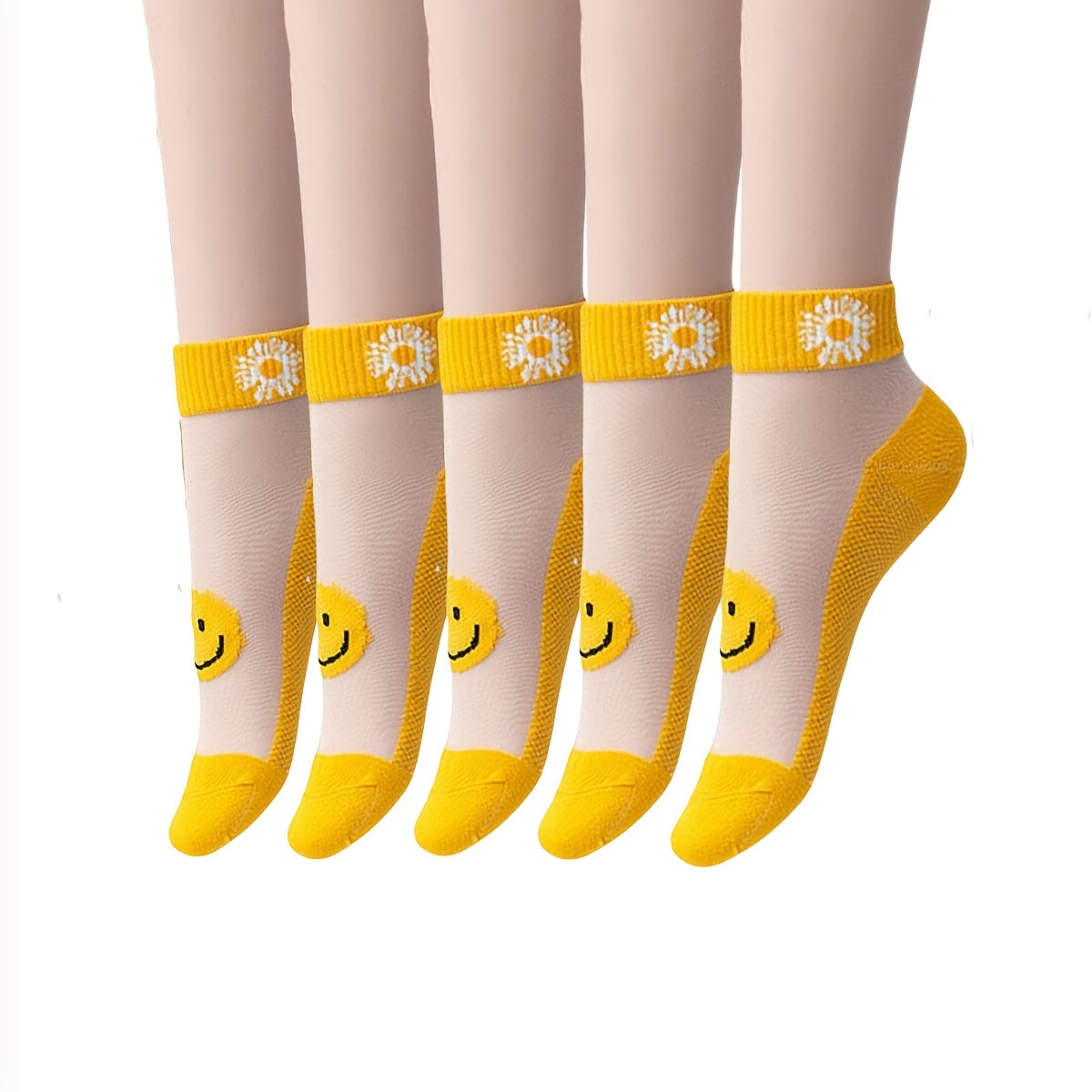 5 pairs of women's daisy pattern short socks, made of breathable glass fabric (70% cotton, 30% polyester, 10% elastane). Hand washable with a knit fabric of 150 gsm and an alphabet design.