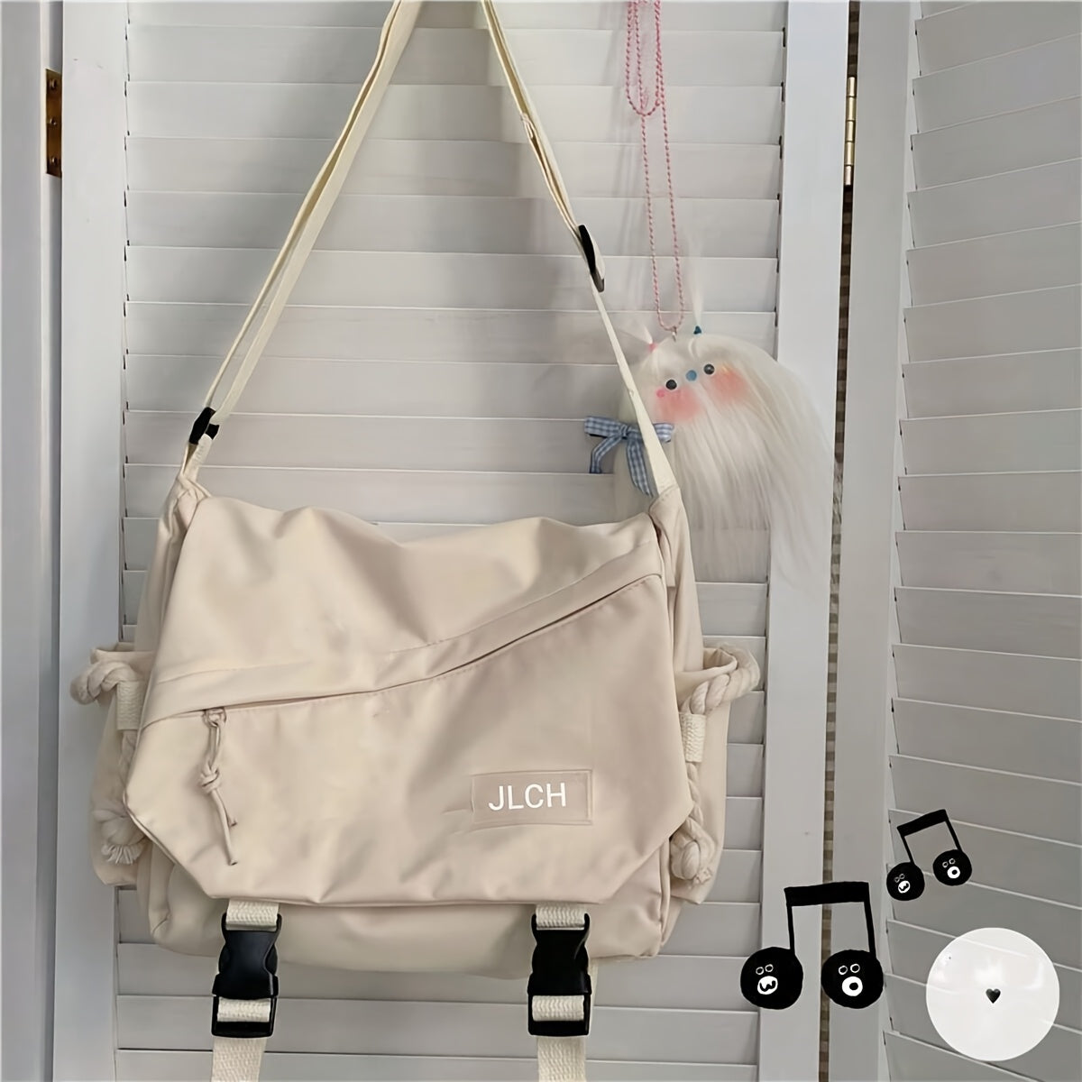 Adjustable unisex shoulder bag in white, pink, blue, or black, suitable for school, travel, and everyday use with a stylish and functional design.