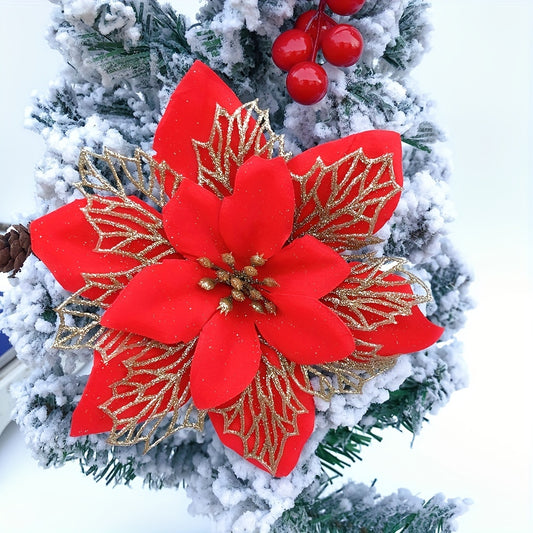 12 multicolored 15cm artificial three-layer ribbon pieces with clips, adorned with golden powder Christmas flowers for holiday decorations.