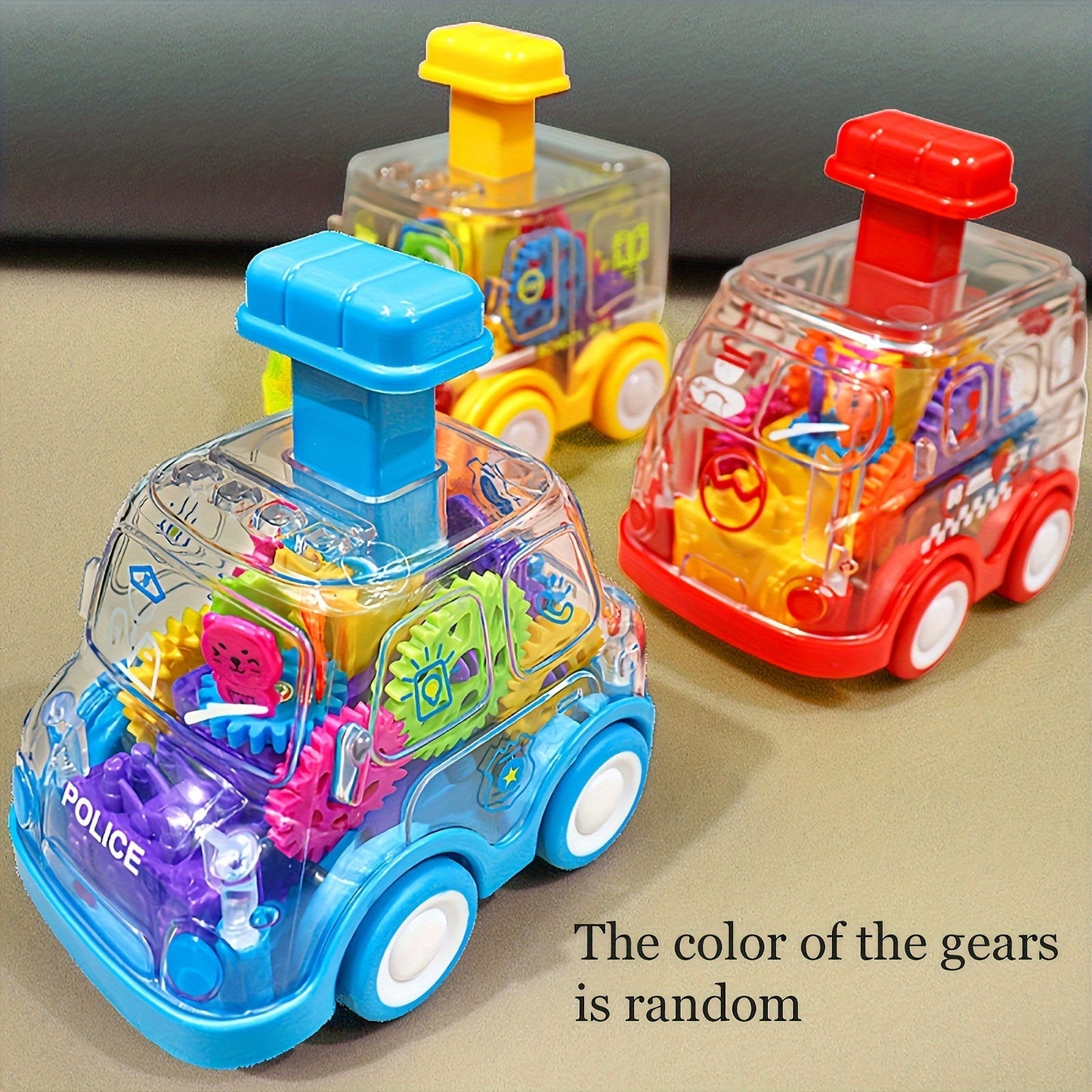 Get ready for endless fun with the Set of Interactive Gear Press Push Toy Vehicles! These transparent gear inertia cartoon friction cars are durable, non-electric, and come in random gear colors. Made from high-quality red and blue plastic, they make the