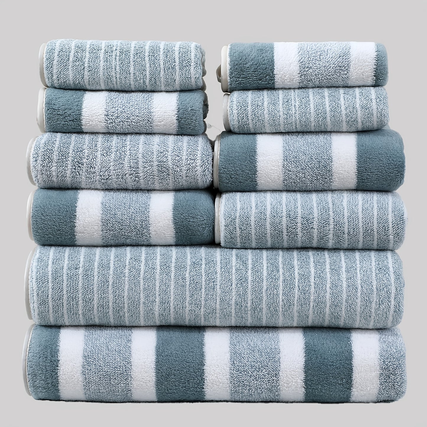 10-piece thick towel set includes 4 hand towels, 2 bath towels, and 4 washcloths. Super soft and absorbent, perfect for home bathrooms and holidays.