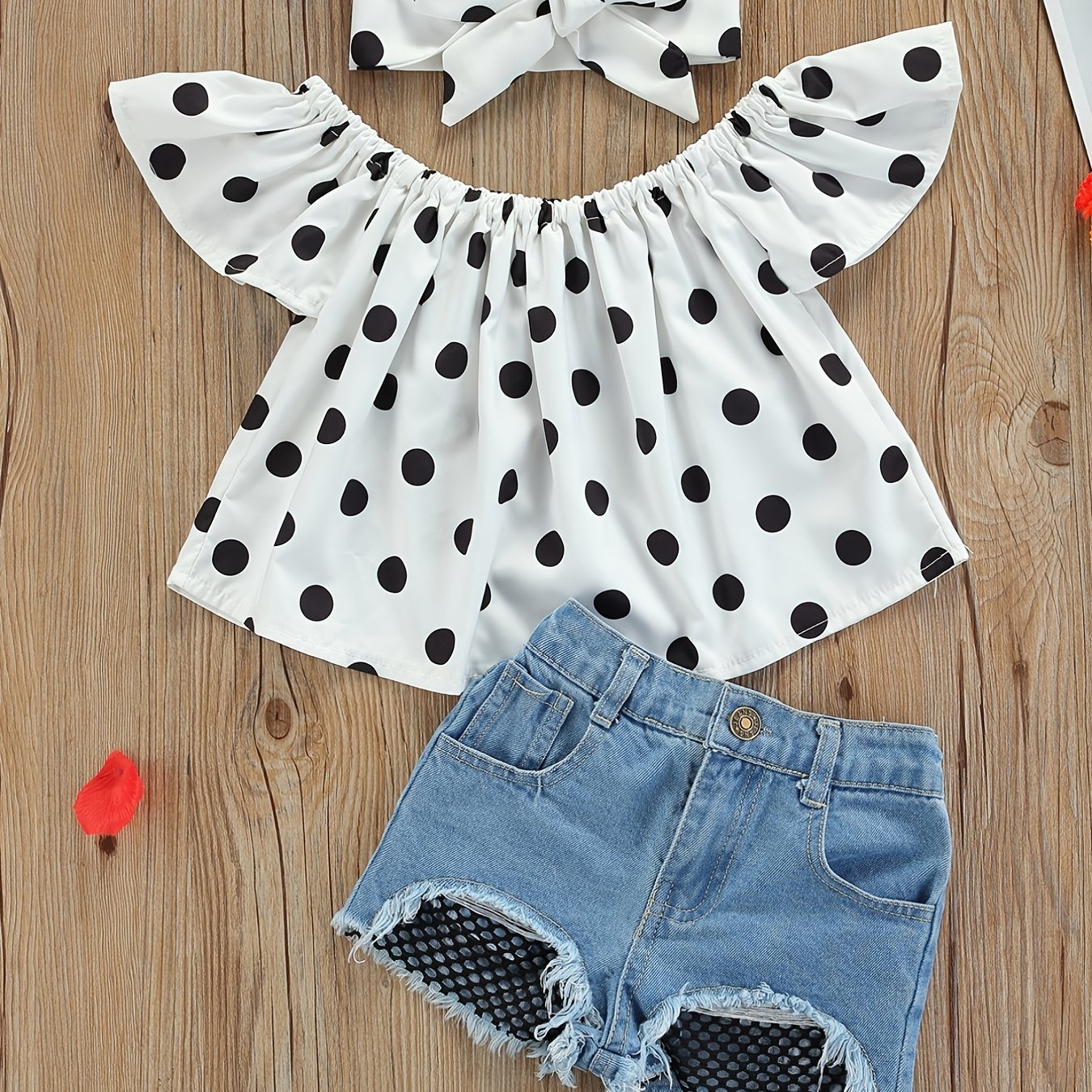 Baby girls polka dot crop top, denim shorts, and headband set for summer outdoor wear.