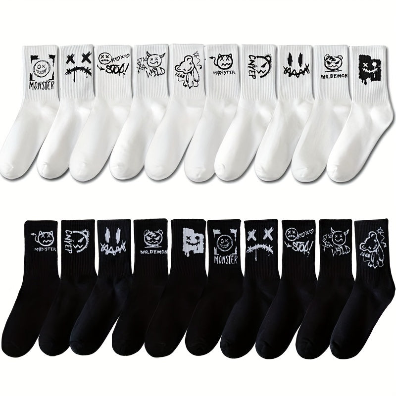 5 pairs of men's black and white graffiti pattern crew socks, comfortable and breathable, suitable for all seasons.