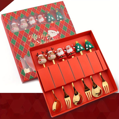 Christmas-themed stainless steel cutlery set includes 4 or 6 pieces in a gift box, featuring Santa, Christmas tree, and reindeer figurine designs. Perfect for serving desserts, cakes, fruit, and coffee during the holiday season. Great gift idea for