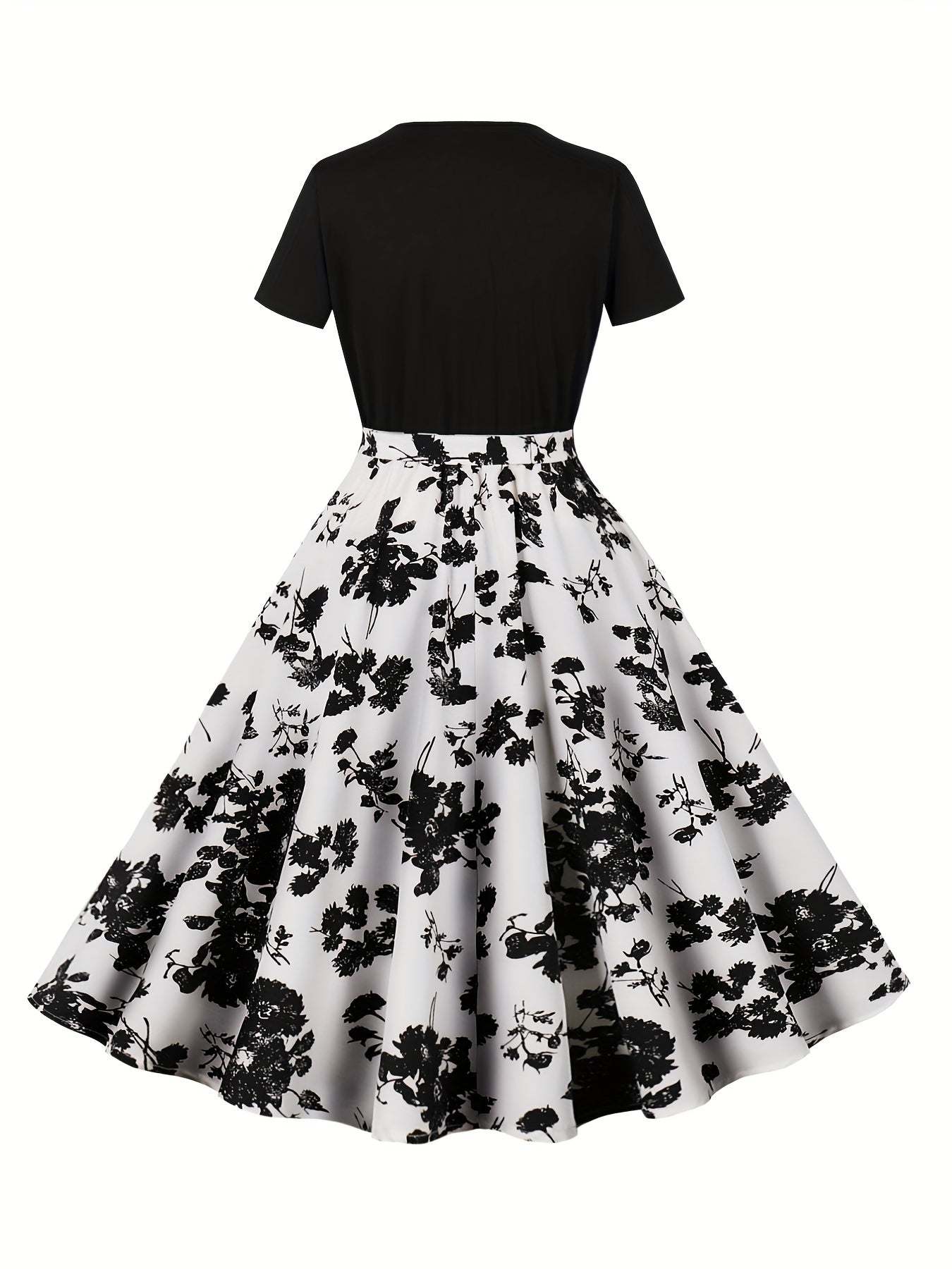 Floral print crew neck dress, perfect for spring and summer with elegant short sleeves and belt.