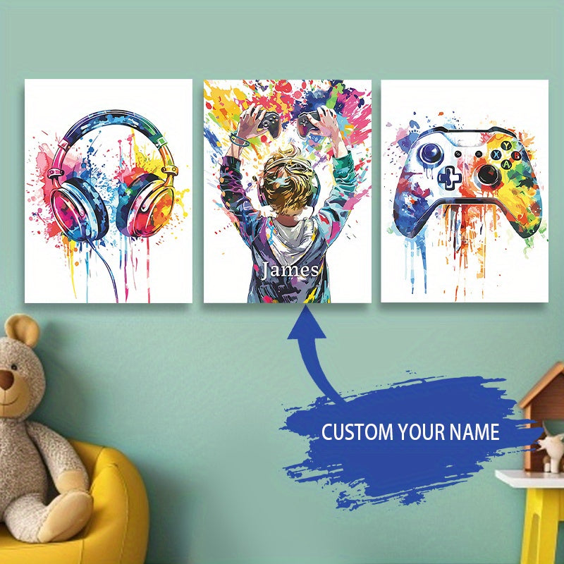 Customized set of 3 gamer-themed wall art pieces - Personalized with your name on canvas prints for children's rooms, nurseries, and dining areas - Available in a variety of colors including white