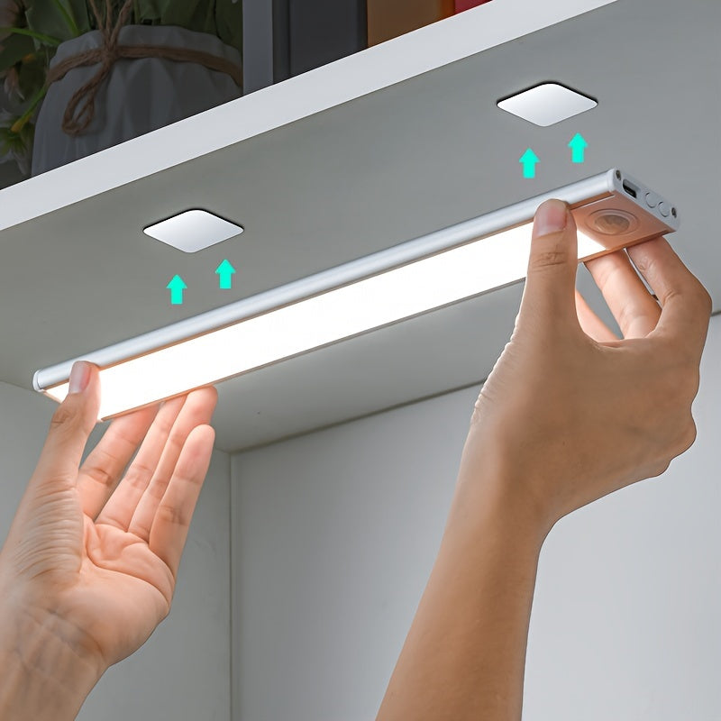 One rechargeable sensor light strip with adjustable brightness and three colors available.