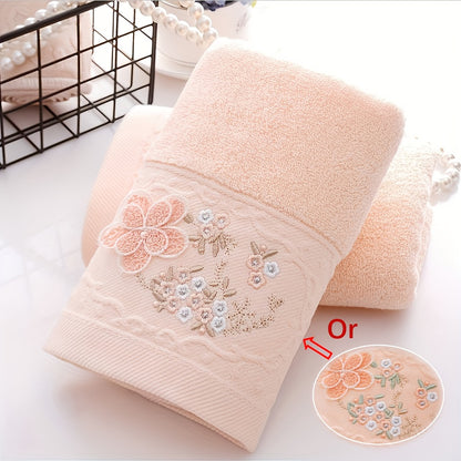 2 Cotton embroidered hand towels with quick-drying, absorbent material for home bathrooms.