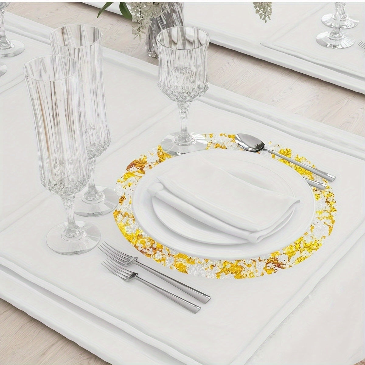 12 Golden Foil Round Placemats for weddings, parties, banquets, and restaurant decor.