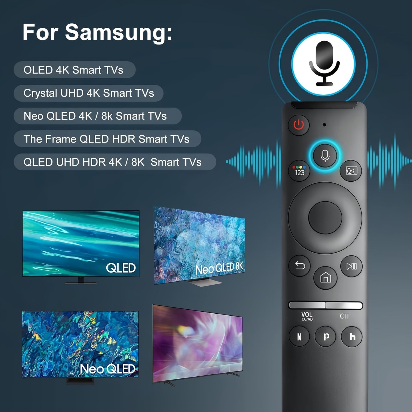 Voice control remote for Samsung TVs with Easy-Pair technology is compatible with Smart, Curved, QLED, LED LCD, 8K & 4K models. No batteries required, includes Play, Launch, and Navigation