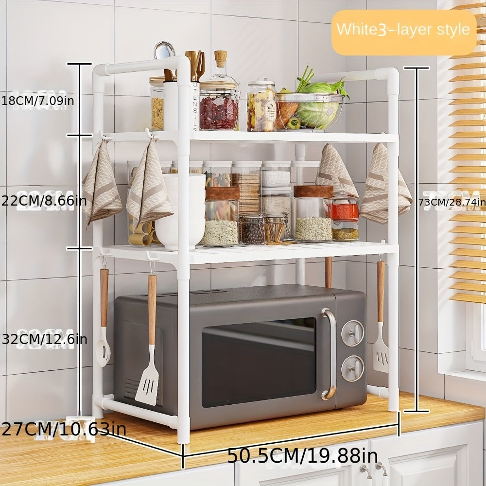 Durable metal kitchen microwave stand with two tiers - easily adjustable and expandable for microwave, oven, and other appliances - no wood, hassle-free cleaning.