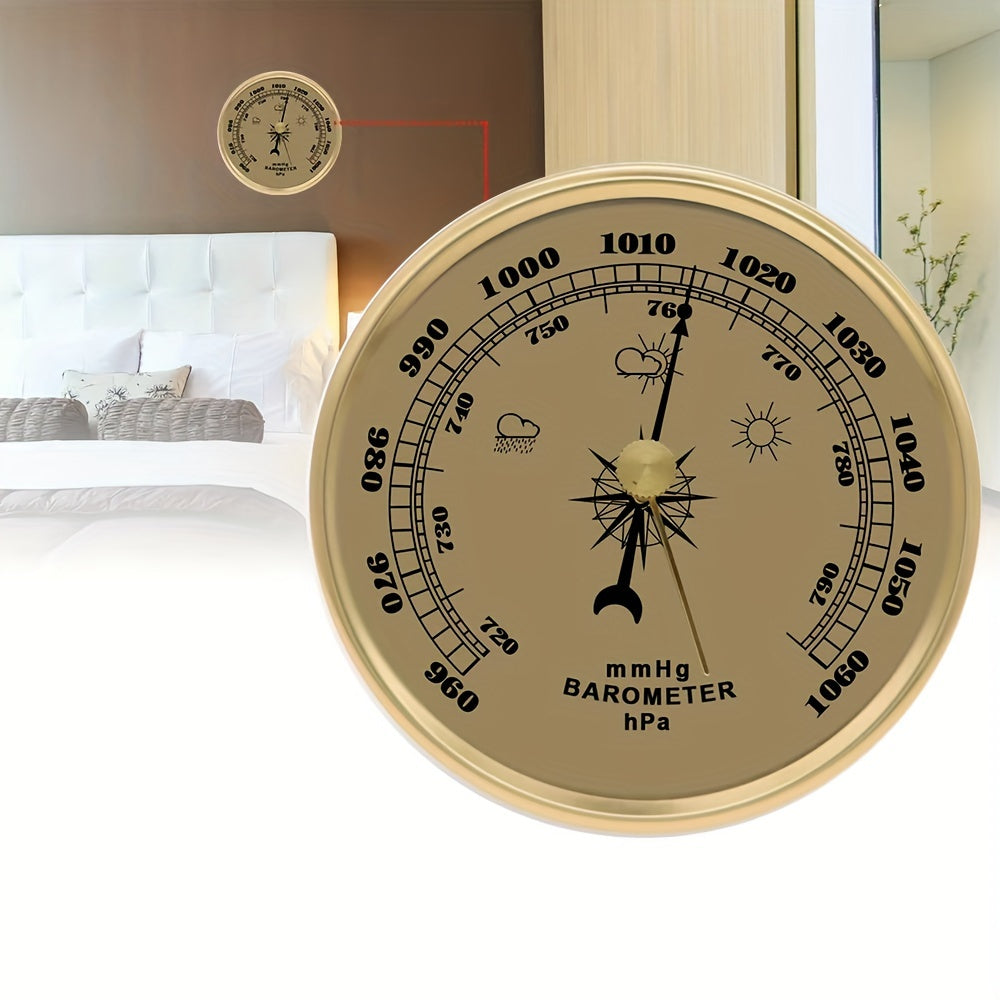 Classic wall-mounted barometer with pressure gauge and mercury-free metal thermometer, no battery needed.