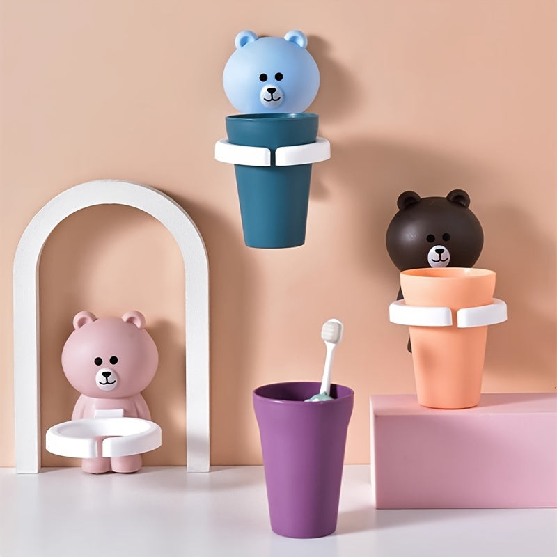 1pc Cute Toothbrush Holder with Wall Mount, Punch-free Organizer for Bathroom, Multifunctional Toothpaste and Toothbrush Storage Solution.