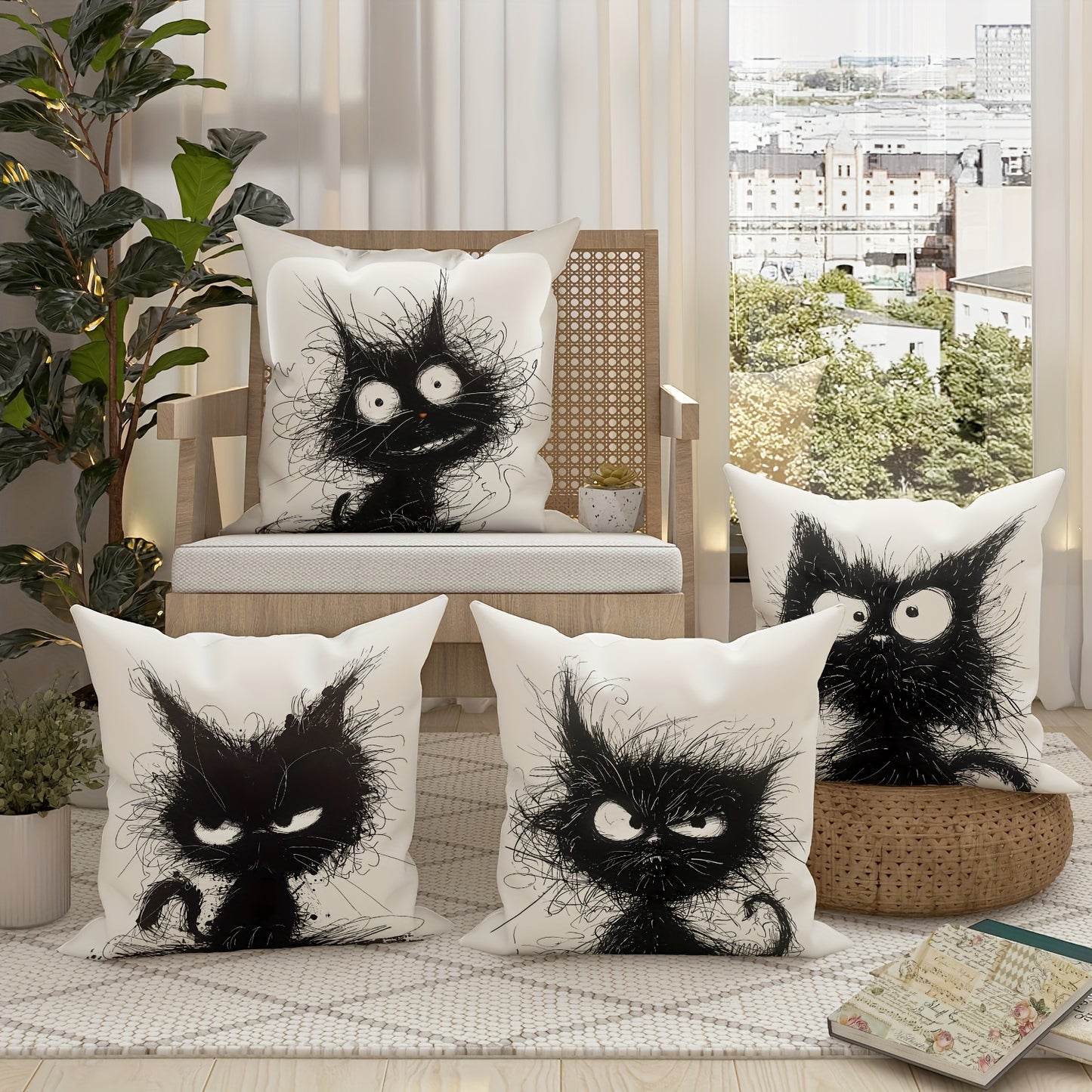 4pcs velvet throw pillow covers featuring funny cat designs in black and white. Perfect for living room or bedroom decoration, measuring 45.72cm*45.72cm, inserts not included.