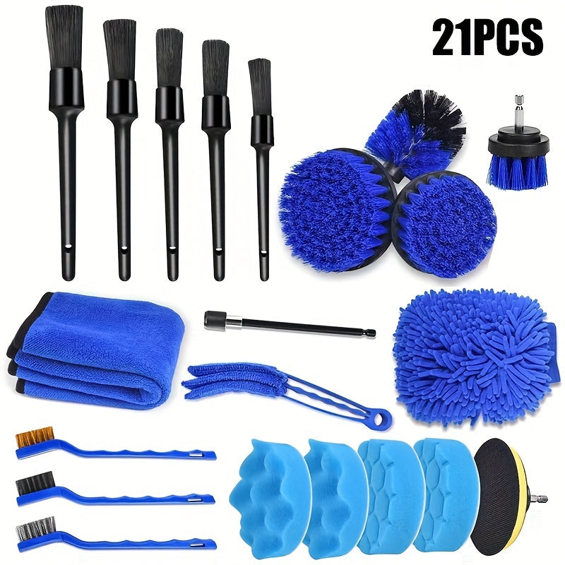 Car Polishing Sponge Pad Kit with 21 pieces, including Car Cleaning Tool Kit, Car Washing Cleaning Brush, Car Beauty Detail Brush, Car Washing Gloves, Car Polishing Pad, Car Steel Wire Brush, Cleaning Towel, and Car Cleaning Set Tools. This product does