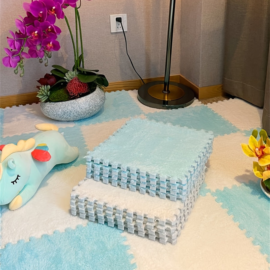 12 pieces of flocked carpet splicing mats for home, bedroom, and cartoon square flooring, measuring 11.8*11.8 inches. These mats are anti-slip, beautiful, and also anti-fatigue.