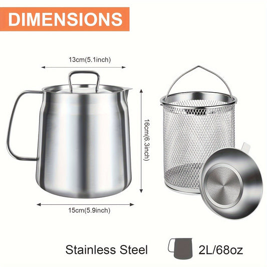 Set of 4 Stainless Steel Oil Filter Pots with Strainer - 68oz Large Capacity, Versatile Kitchen Residue Separator & Grease Container for Cooking, Ideal for Home and Restaurant Use