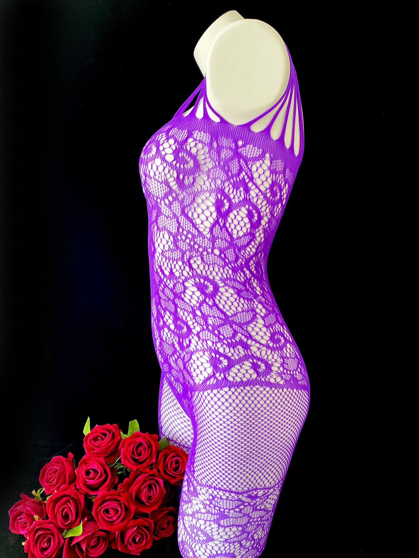 Plus size sexy bodystocking with jacquard design and open crotch, made of polyamide and spandex. Perfect for date night or Valentine's gift.