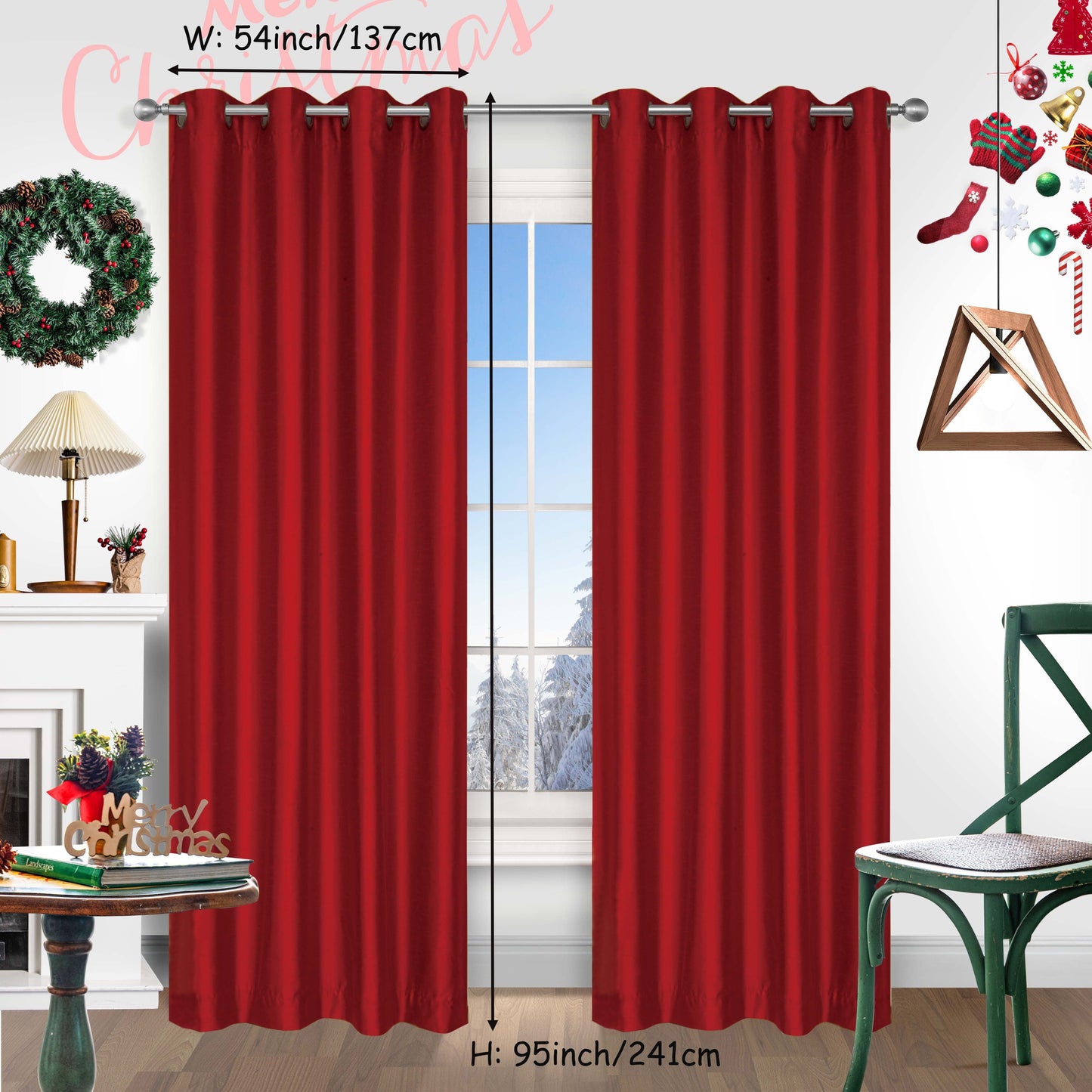 Add a festive touch to your space with 2 pieces of red Christmas curtains. These curtains are made of faux silk with a grommet top design, providing both style and functionality. Perfect for living rooms, bedrooms, offices, kitchens, and studies, these