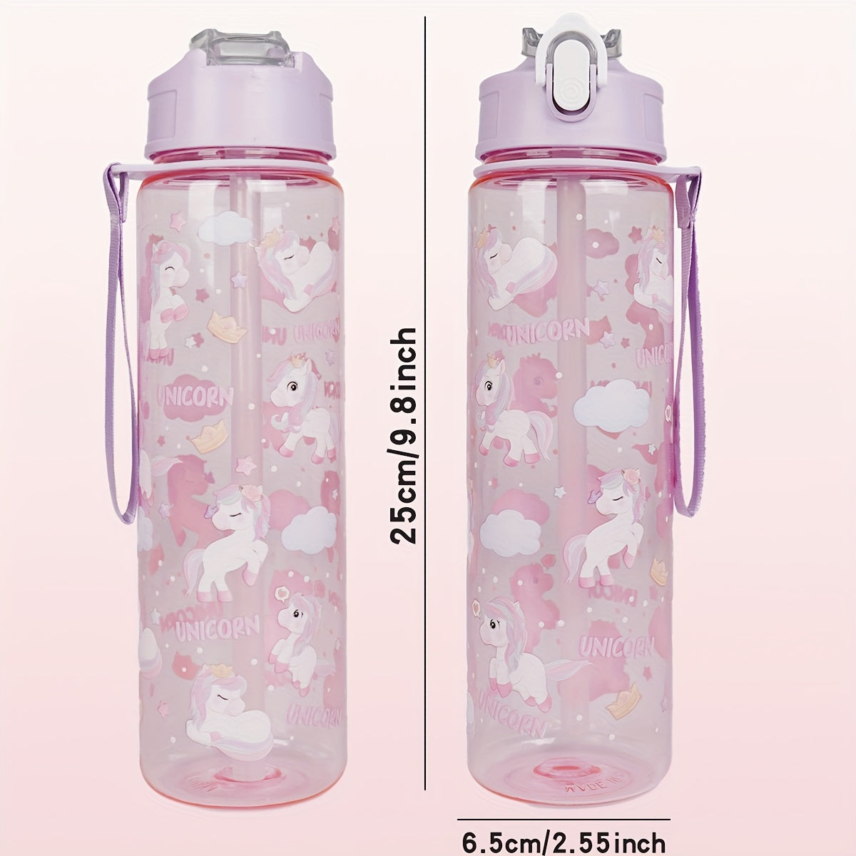 WhimsyWorks Cartoon Unicorn & Astronaut leak-proof water bottle made of PVC-free plastic for outdoor activities. Easy-open lid, hand wash only. Portable with woven handle, perfect for picnics, cycling, running, exercise. Great Christmas, Halloween