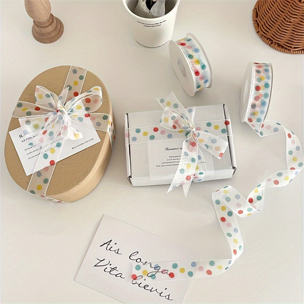 Bright polka dot satin ribbon for gifts and baking - perfect for holidays, birthdays, and any occasion.