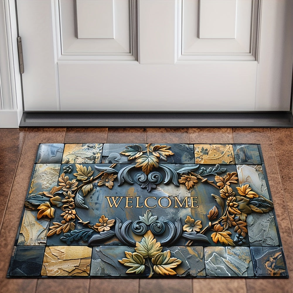 Opulent Welcome Mat with Elegant 3D Stone & Botanical Embossed Design - Features Non-Slip, Waterproof, and Machine Washable Polyester Material Perfect for Indoor and Outdoor Use - Enhance Entryway, Living Room, or Bathroom Décor