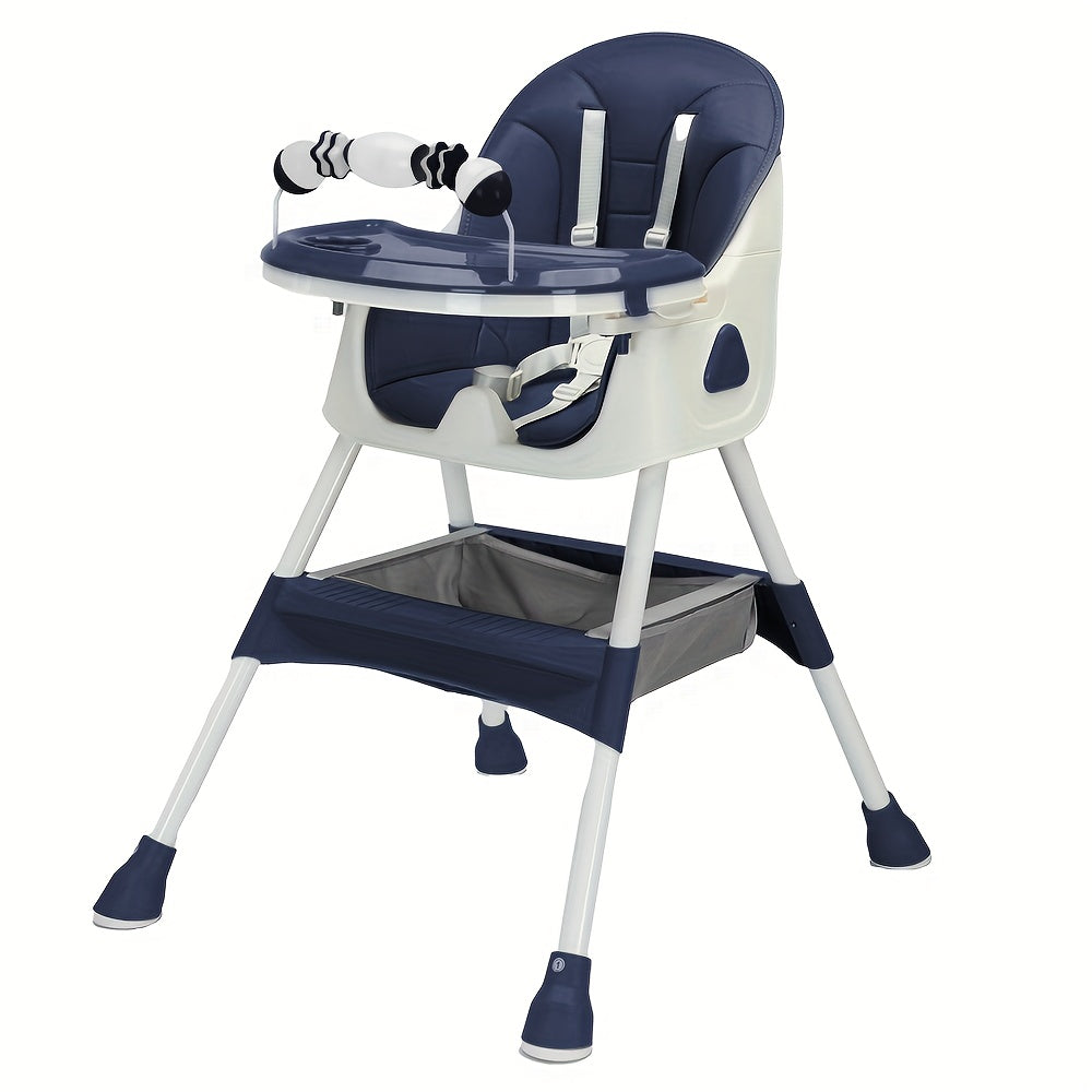 The Modern Portable Children's High Chair is a versatile and adjustable eating and playing chair with a table attachment for toddlers. It is designed to provide a high seat for infants and babies during mealtime, complete with a food plate. It makes a