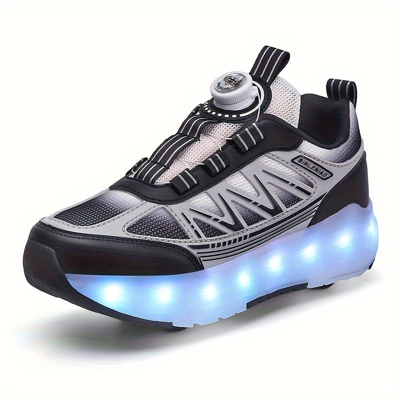 Skate shoes for youth with LED lights, four-wheel detachable design, trendy street fashion, random pattern, suitable for all seasons and sports scenes like roller skating. Features rotary