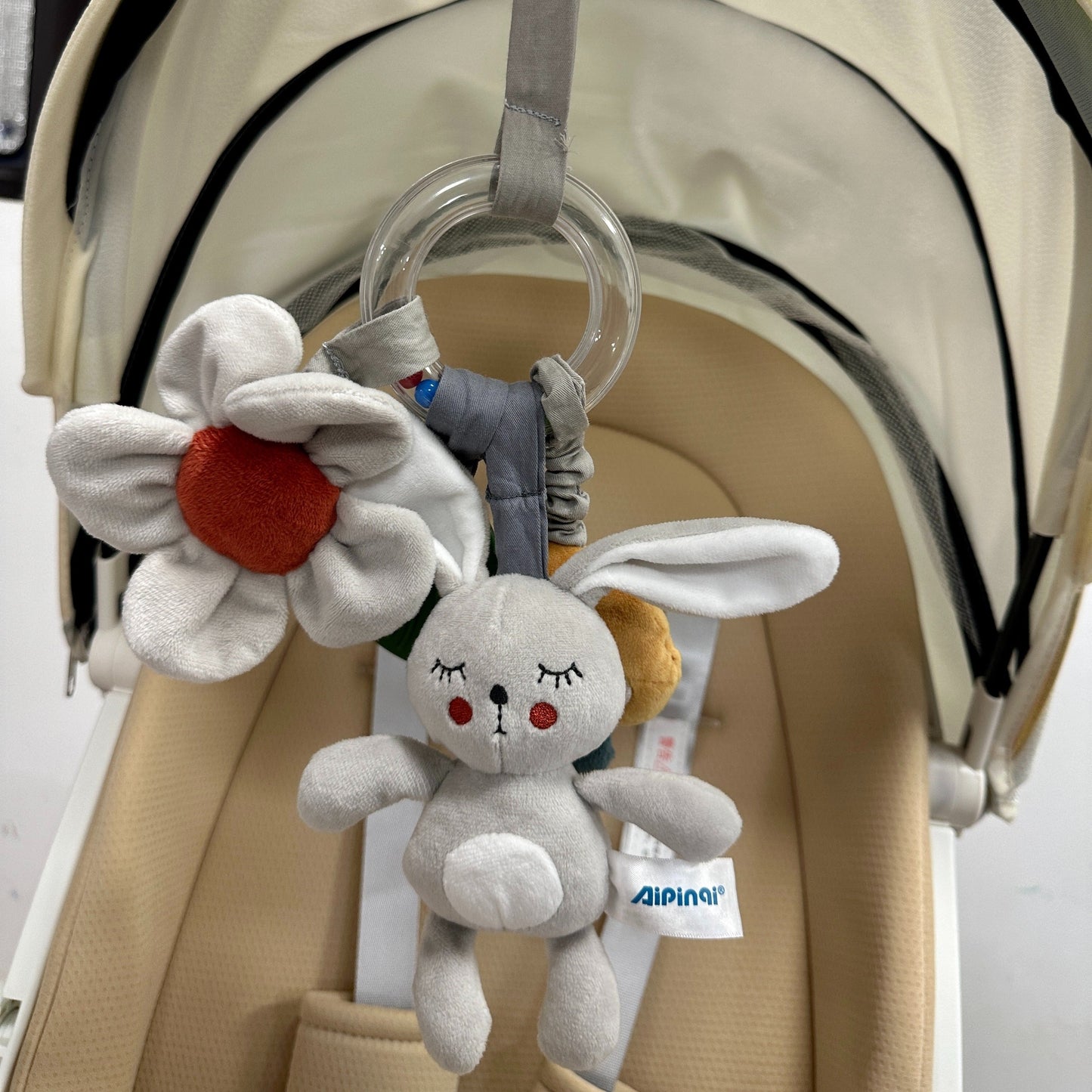 Cute Baby Car Seat Toy: Soft Plush Mobile with Mirror, Teething Ring, Textured Beads - Fits Stroller & Crib, Great for Birthday or Halloween Gift