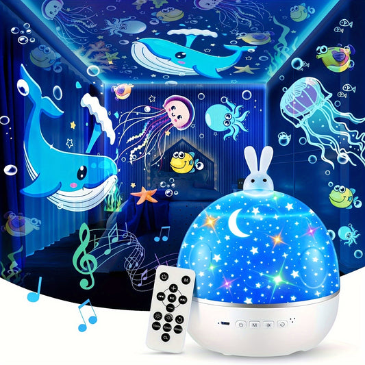 PIKOY Star Projector Night Light features 15 films, 7 colors, music speaker, remote timer, 360° rotation, silent operation, plastic shade, dual power options, infrared sensor, and