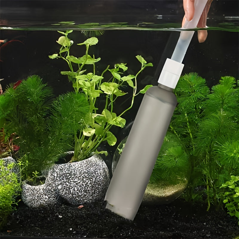 Aquarium gravel cleaner with pump for fish waste removal.