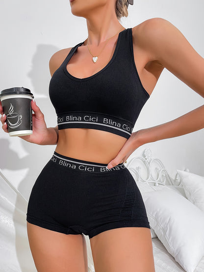 Sporty lingerie set includes racerback bra and boxer shorts for jogging or gym.