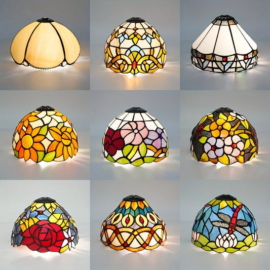 One piece of a colored glass lampshade measuring 0.99 cm in diameter, featuring a European retro baroque minimalist design with flowers (roses, sunflowers, clovers) for use as a replacement lampshade for desk or pendant lamps, measuring 20.32 cm in