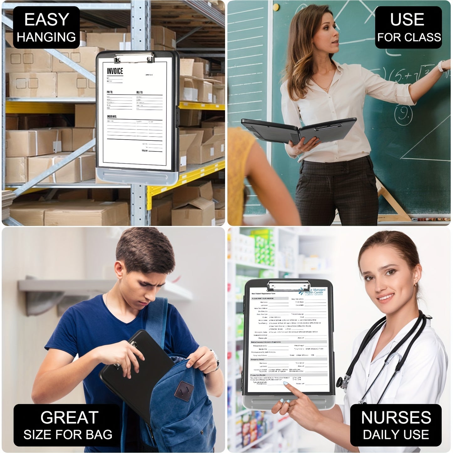 Large capacity nursing clipboard with storage and pen holder, heavy-duty plastic construction, side-opening design for writing.