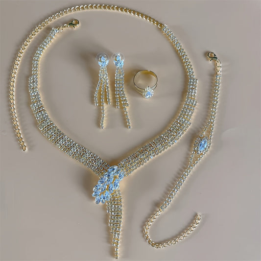 Extravagant 4-piece Rhinestone Tassel Jewelry Set - Includes Necklace, Earrings, Bracelet, and Ring - Ideal for Special Events and Formal Occasions