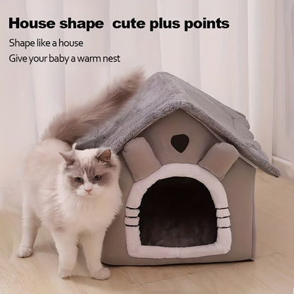 Foldable cat bed that is removable and washable, suitable for indoor use.