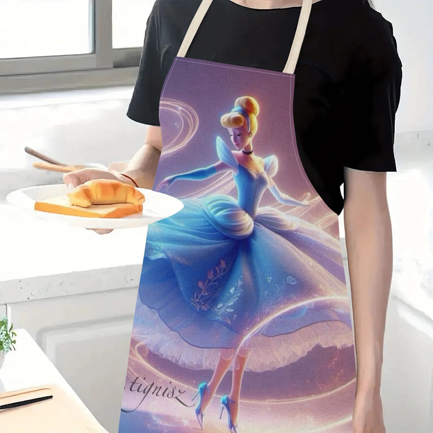 Waterproof apron featuring Disney's Cinderella cartoon character in a vibrant blue dress with a floral design. Made of durable polyester, perfect for use in hotels, supermarkets, restaurants, fruit shops, milk tea stands, and at home.