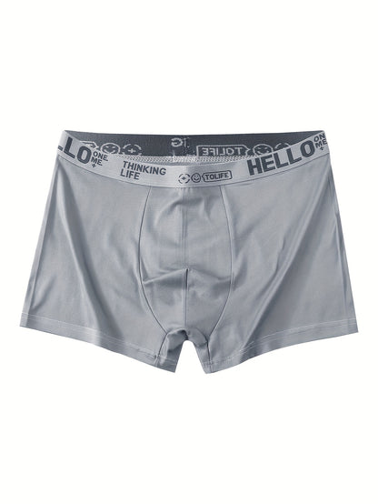 Three men's 'HELLO' Boxer Briefs made of breathable, stretchy, and quick-dry polyester-spandex blend. Features wide waistband, comfort fit, non-transparent, solid color. Machine washable.