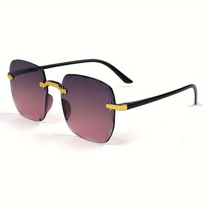 Women's minimalist frameless square glasses with lightweight plastic and resin lenses in fashionable purple tint, ideal for stylish accessory with minimalist design and lightweight frame.