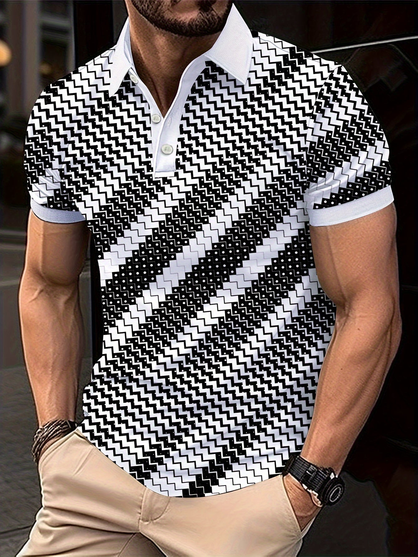 Men's geometric pattern short sleeve lapel t-shirt for summer, casual trendy streetwear top, ideal as a gift.