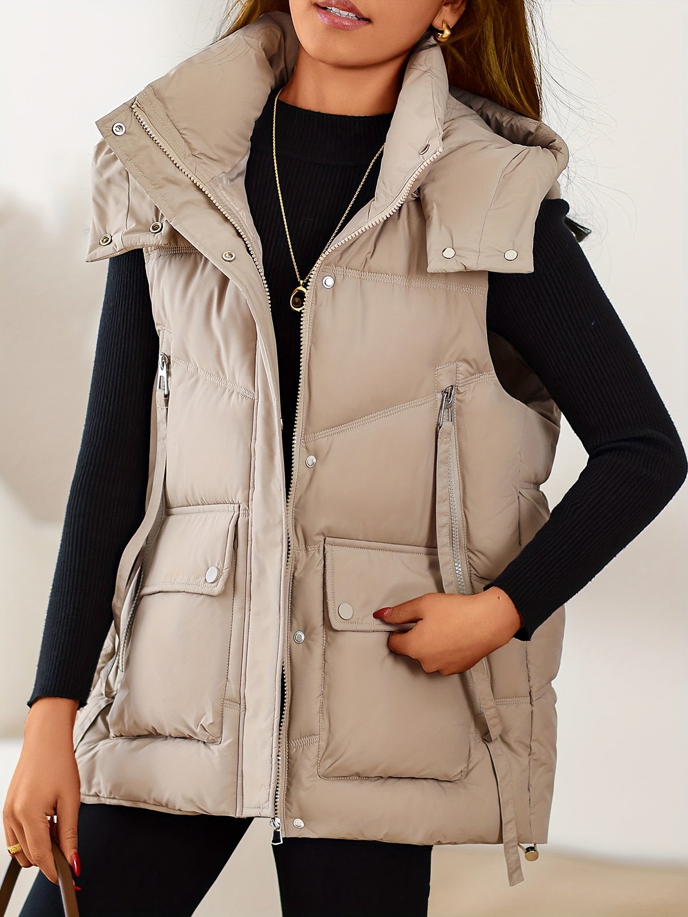 Solid color padded vest jacket for fall & winter, plus size women's clothing with stand-up collar.