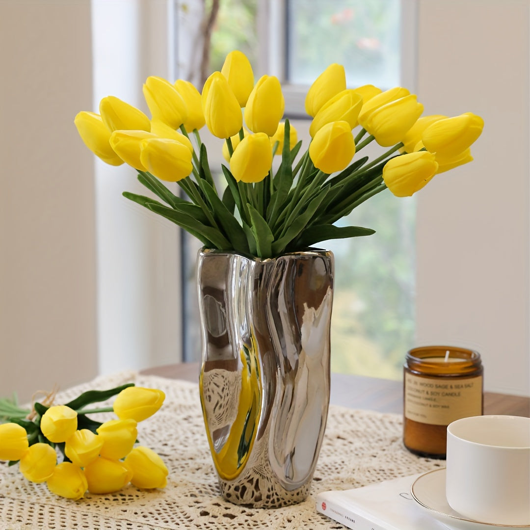 Artificial tulip flowers in 9, 18, or 27 piece sets for home or office decor, weddings, parties, and gifts.