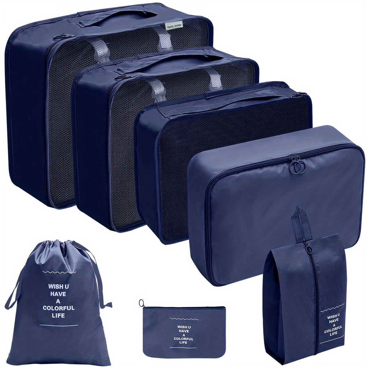 7 lightweight packing cubes for suitcases, ideal for organizing travel items and clothing for men and women.