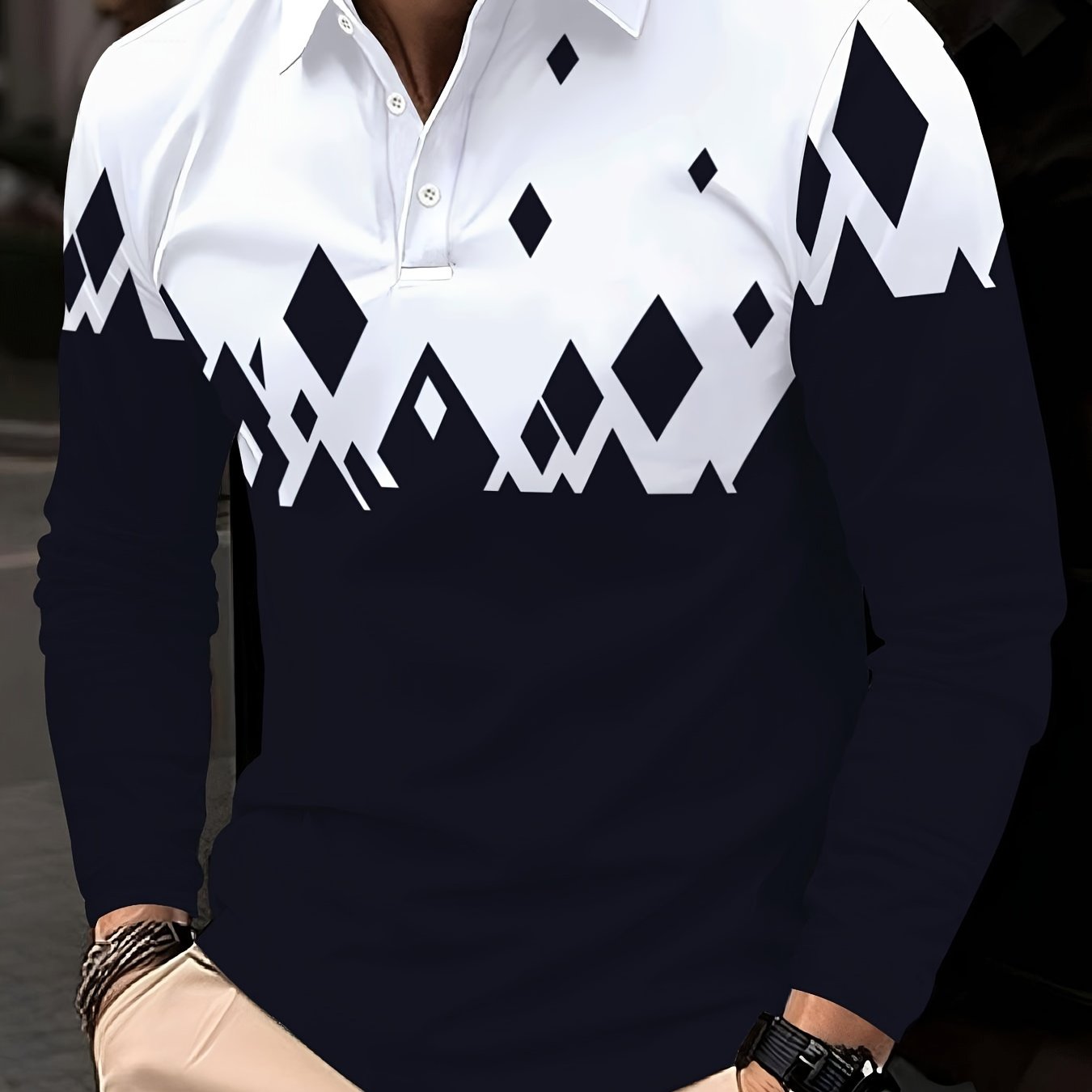 Men's casual long sleeve shirt with abstract geometric pattern, 3D print in polyester blend, button-up collar, ideal for golf and outdoor activities in fall/winter, plus size.