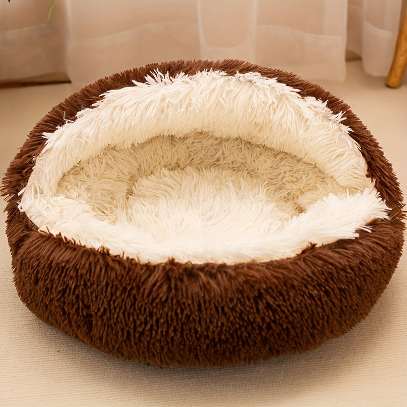 Plush long-haired small animal bed with detachable cover. Round, fluffy and comfortable for cats and dogs. Keeps pets warm in winter, improves sleep quality. Non-slip and foldable support